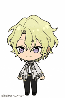 a cartoon character with yellow hair and purple eyes is wearing a white jacket and black pants