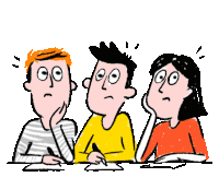 a cartoon of three people sitting at a table looking up at something .