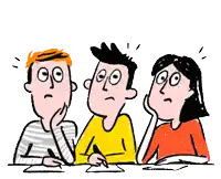 a cartoon of three people sitting at a table looking up at something .