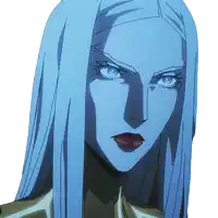 a close up of a woman 's face with blue hair and blue eyes