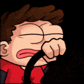 a cartoon of a man with his eyes closed holding a black object