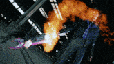 a man in a black jacket and purple tie is holding a pink sword that is on fire