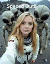 a woman in a space suit is surrounded by aliens with the words spaced out written above her