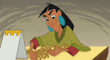 a cartoon character is sitting at a table with a crown on his head