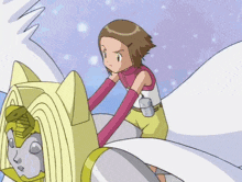 a girl in a pink shirt is riding a robot