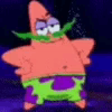patrick star from spongebob squarepants is wearing purple pants and has a green beard .