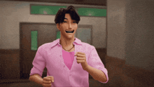 a man wearing a pink shirt and a necklace is smiling