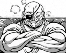 a black and white drawing of a bald man with his arms crossed and a eye patch .
