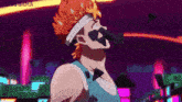 a man with a bandage on his head is standing in front of a neon sign that says ndos sama