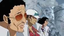 three men wearing sunglasses and hats with the word mar on them