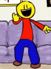 a cartoon character is standing in front of a purple couch and smiling .