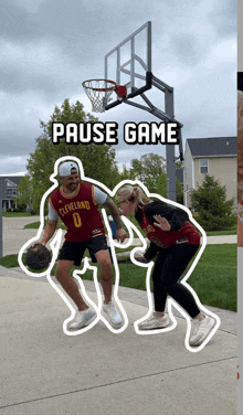 a man in a cleveland jersey dribbles a basketball next to a woman
