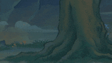a cartoon drawing of a pig standing next to a tree trunk