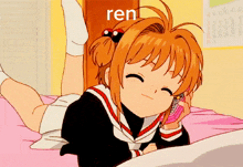 a girl is laying on a bed talking on a cell phone and the word ren is on the bottom