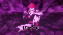 a purple background with a person holding a sword and the word revol on it .