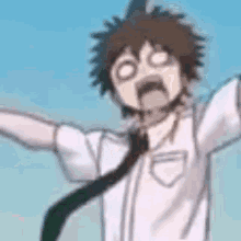 a man in a white shirt and tie is standing with his arms outstretched and making a funny face .