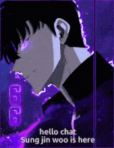 a poster of a man with the words hello chat sung jin woo is here below him