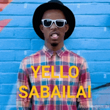 a man wearing sunglasses and a plaid shirt stands in front of a blue brick wall that says yello sabaila