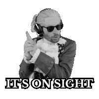 a man wearing sunglasses and headphones says it 's on sight in a black and white photo