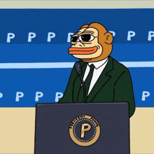 a cartoon of pepe the frog giving a speech at a podium that says president power