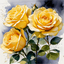 a painting of yellow roses on a blue background