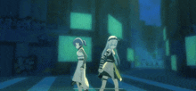 two anime girls are walking across a street with green screens