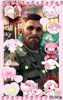 a picture of a man with a beard is surrounded by pink stuffed animals including a hello kitty