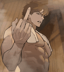 a shirtless man with a towel around his neck giving the middle finger