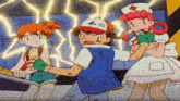 a group of cartoon characters are standing next to each other with lightning behind them