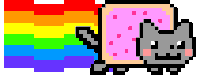 a pixel art of a cat with a rainbow behind it
