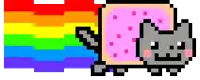 a pixel art of a cat with a rainbow behind it