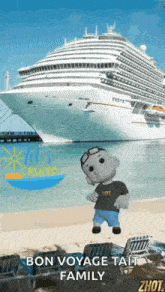 a cartoon character standing on a beach in front of a cruise ship .