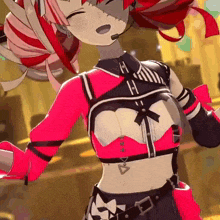 a close up of a red and black anime girl with a microphone on her head