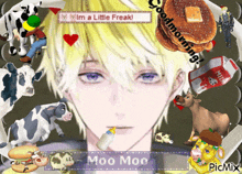 a picture of a boy surrounded by cows and pancakes that says good morning
