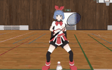a cartoon girl is holding a badminton racket and a badminton shuttlecock on a wooden court