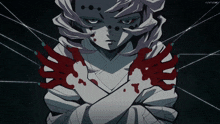 a cartoon of a person with blood on their hands and the word funimation on the bottom right