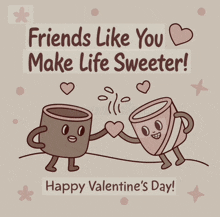 a valentine 's day greeting card with two coffee cups holding hands