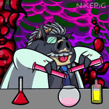 a cartoon of a pig wearing glasses and a lab coat holding a test tube