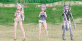 three anime girls are standing next to each other on a dirt field