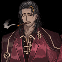 a man in a red suit is smoking a cigar with an arrow pointing to the right