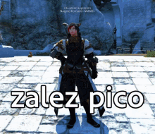 a video game character named zalez pico is standing on a tiled floor in front of a mountain