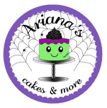 a logo for ariana 's cakes and more with a green cake on a stand