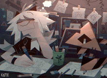 a cartoon drawing of a person sitting at a desk with katie written on the bottom