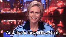 a woman in a blue adidas jacket says and that 's how steve 's it .