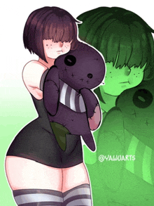 a drawing of a girl holding a stuffed animal with the name yawuarts on the bottom right