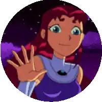 a cartoon girl with red hair is waving her hand in a purple circle .