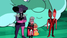 a group of cartoon characters standing next to each other on a green tile floor