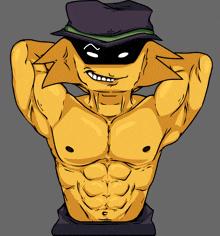 a cartoon drawing of a shirtless man wearing a hat and mask