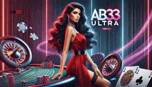 an ad for ab33 ultra shows a woman in a red dress playing poker