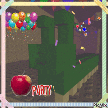 an apple with a bite taken out of it is next to a picture of balloons and the word party